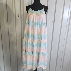 Storia Womens Pastel Gingham Check Flowy Mid Dress Size Medium Lightweight Lined